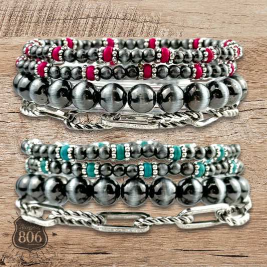 Western burnished pearl bead and chain bracelet set
