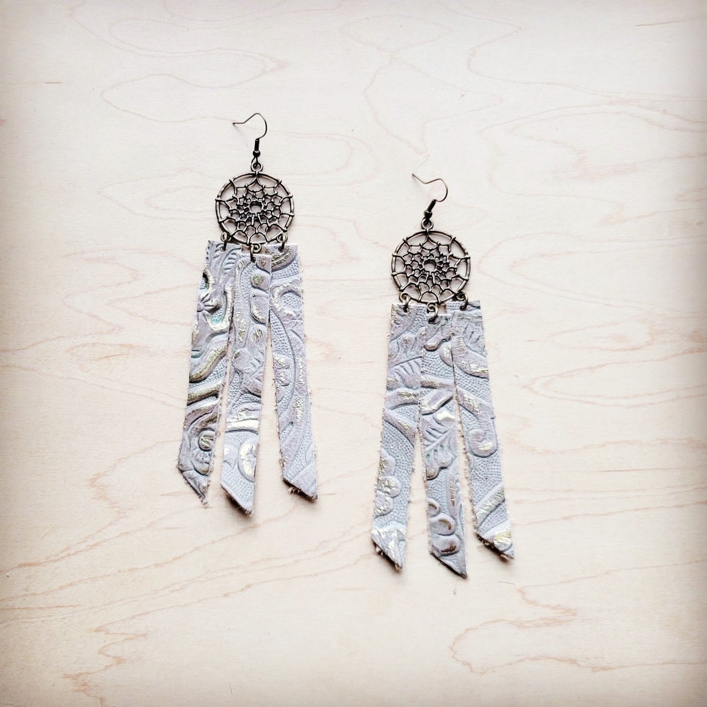 **Dream Catcher Earrings w/ Leather Fringe Gilded Cowboy 200ai