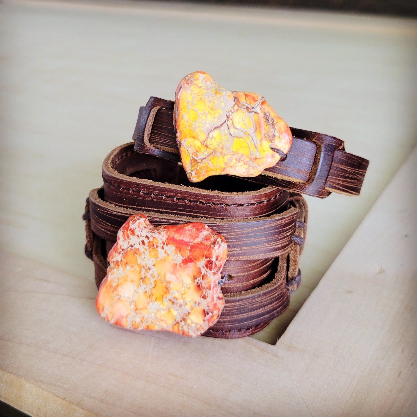 Genuine Leather Wide Cuff Bracelet w/ Orange Regalite Slab 007e