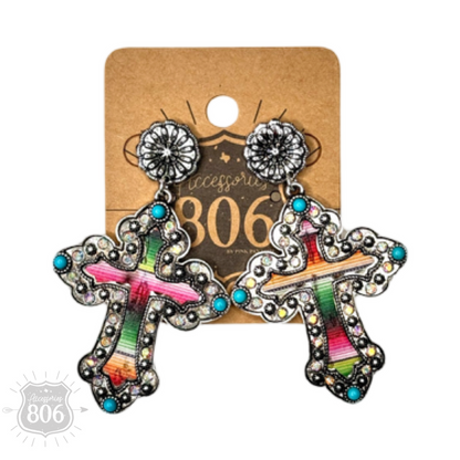 Western serape cross earring