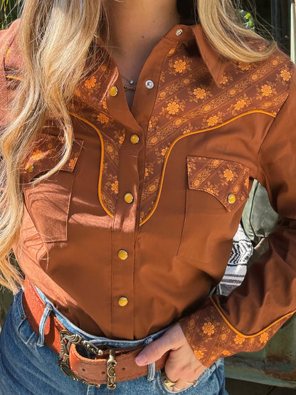 John Wayne Western Pearl Snap Button Up Top In Brown