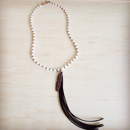 Long Freshwater Pearl & Copper Necklace w/ Feather Tassel Pendant 264b