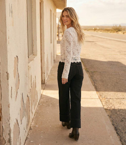 Petite Size Long Sleeve Floral Burnout V-Neck Top
