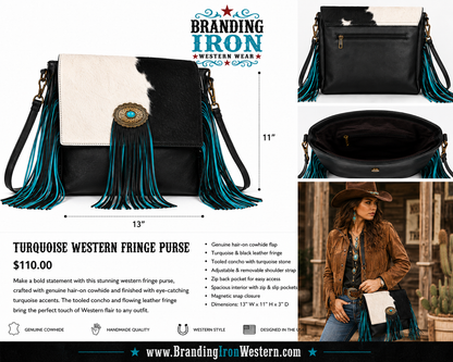 Midnight Mesa Fringe | Genuine Hair-on Hide Western Purse | Branding Iron Western Wear