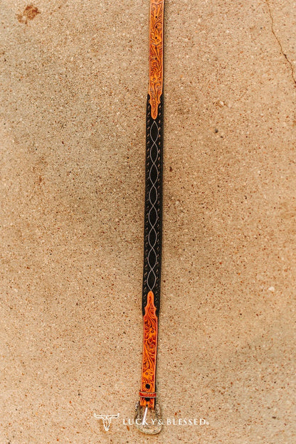 Tooled Leather Western Belt with Black Inlay & Buckstitch Detail