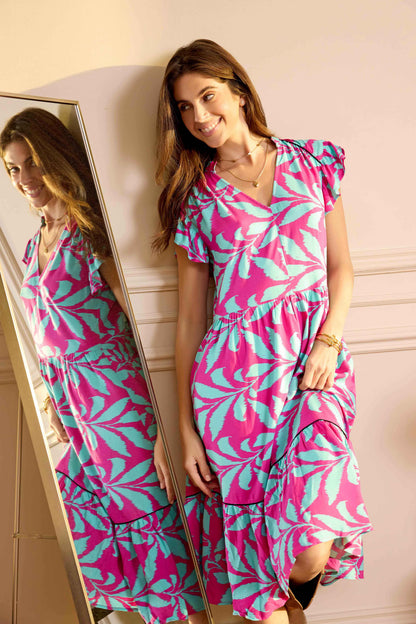 Bold & Beautiful Empire Waist Dress In Pink and Blue
