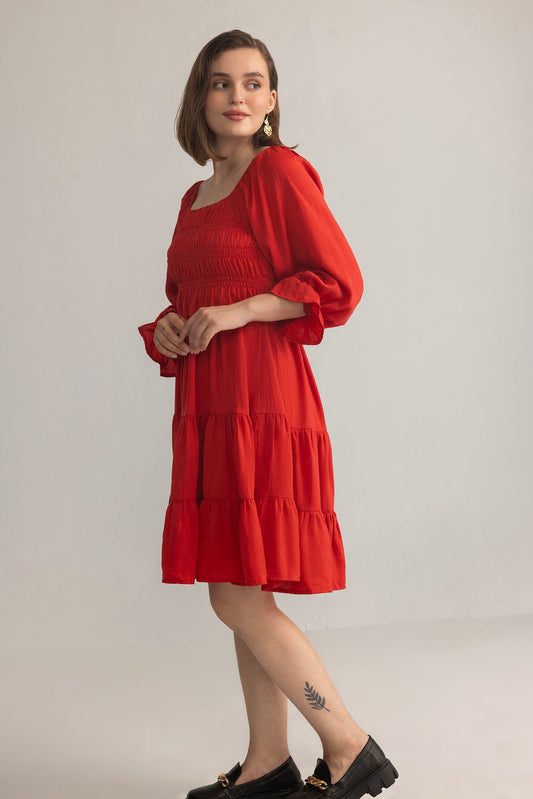 Daisywood Ruffle Smocking Dress in Red