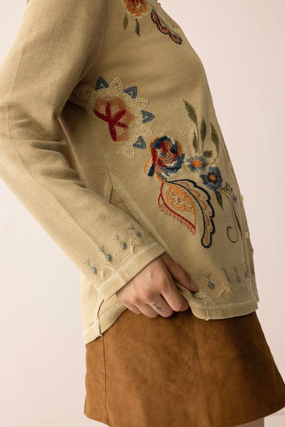 Birdsong Bloom Embroidered Top in Almond color