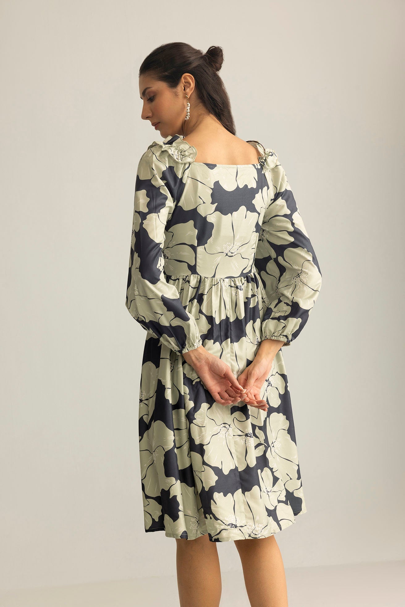 Wildmint Ruffle Smocking Dress in  Beige & Light Cream