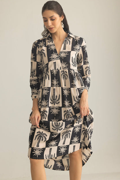 Palm Theory Maxi Dress in Navy Blue & Cream