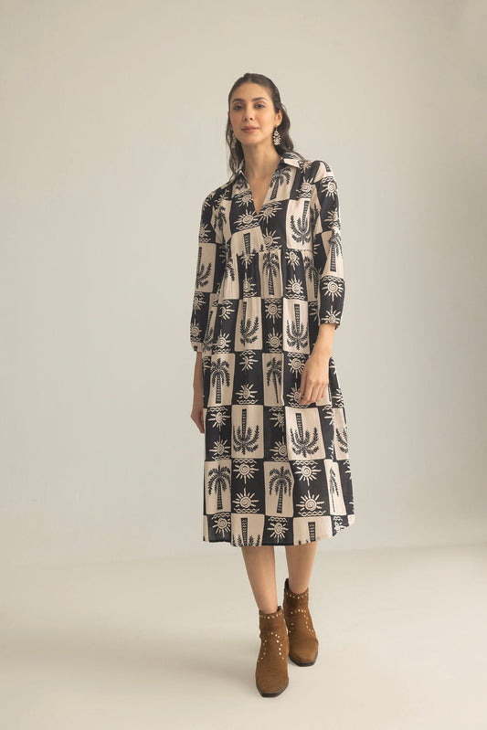 Palm Theory Maxi Dress in Navy Blue & Cream