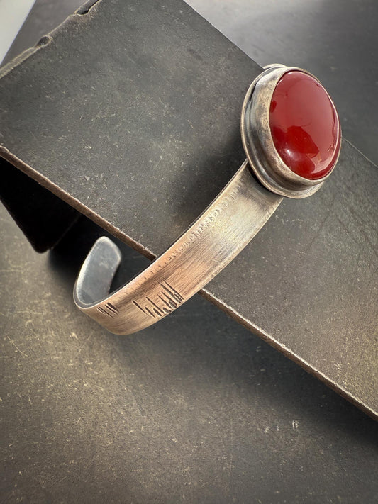 Rosarita Cuff Bracelet | Sterling Silver Red Stone Talisman | Unisex Oxidized Cuff