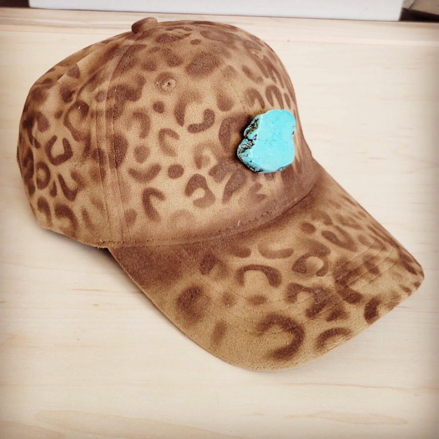 Hand-Painted Leopard Suede Baseball Cap Tan w/ Turq 986u