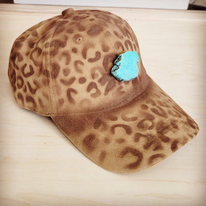 Hand-Painted Leopard Suede Baseball Cap Tan w/ Turq 986u
