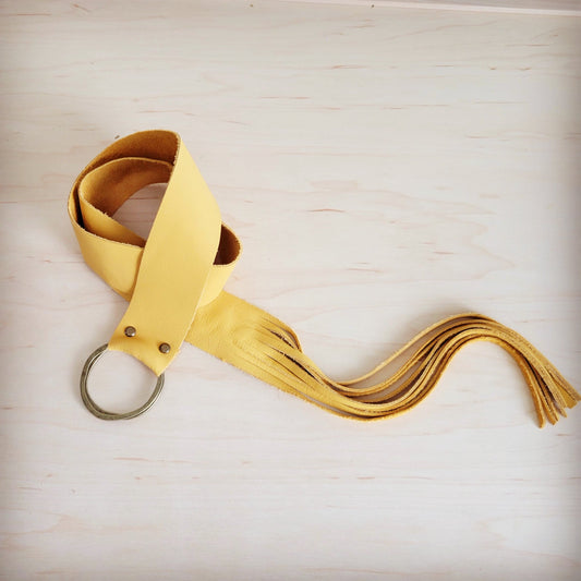 Mustard Leather Belt with Leather Fringe Closure 908t