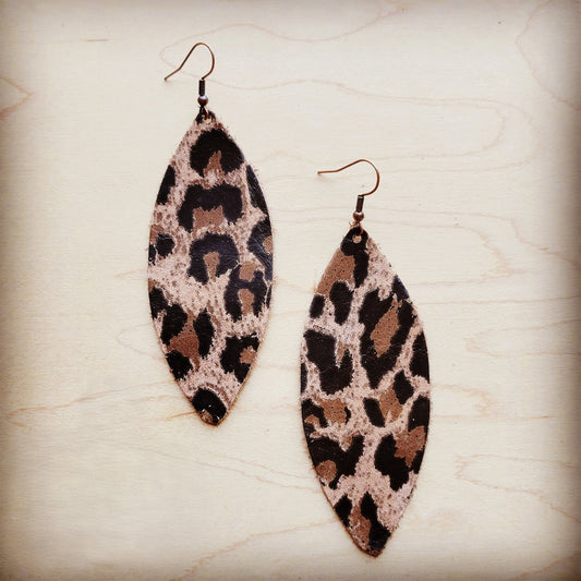 **Narrow Leather Oval Earrings-Suede Leopard 210f