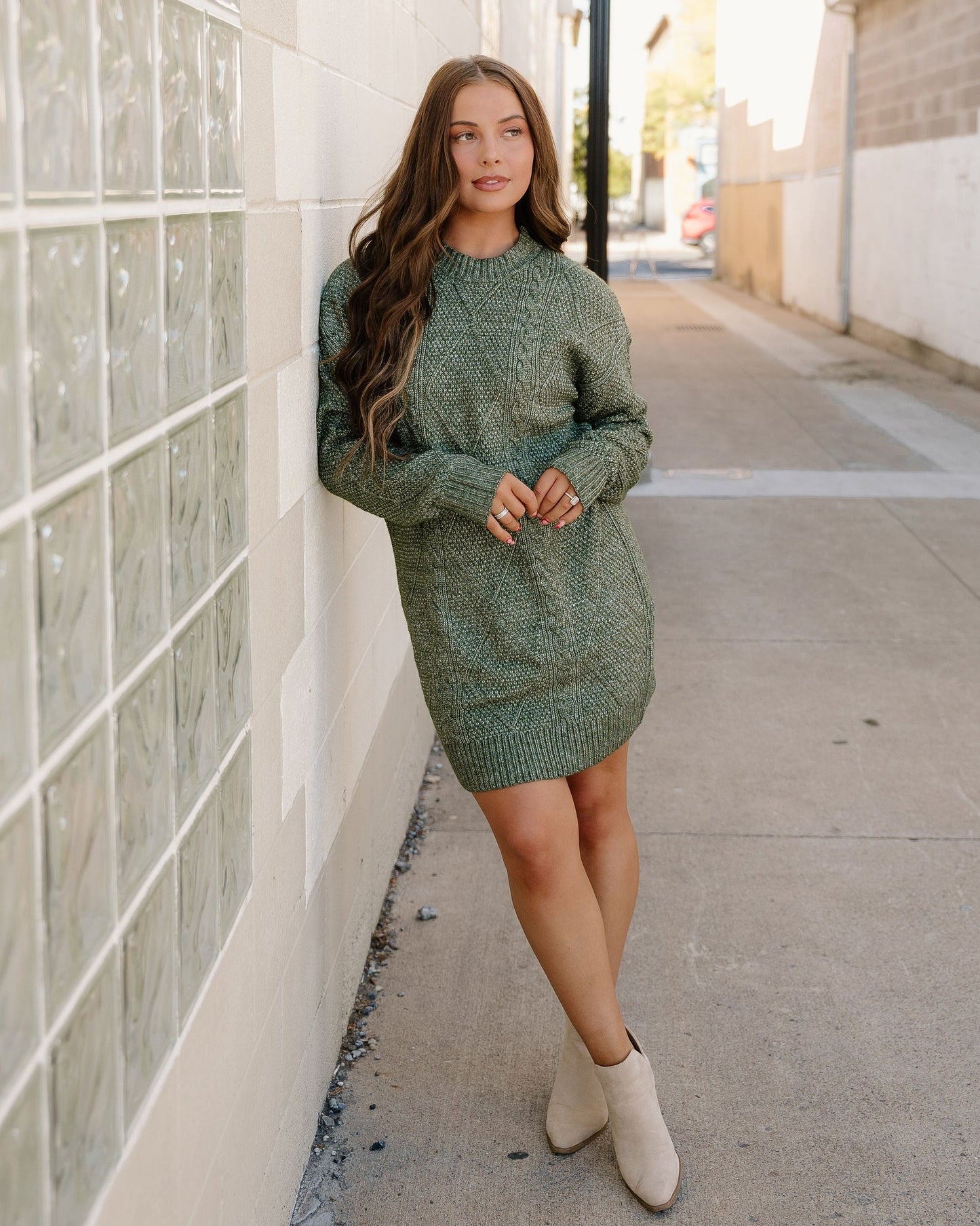 Cable Knit Sweater Dress - Green