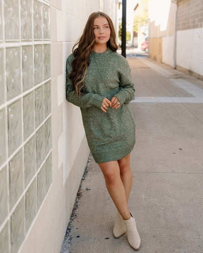Cable Knit Sweater Dress - Green
