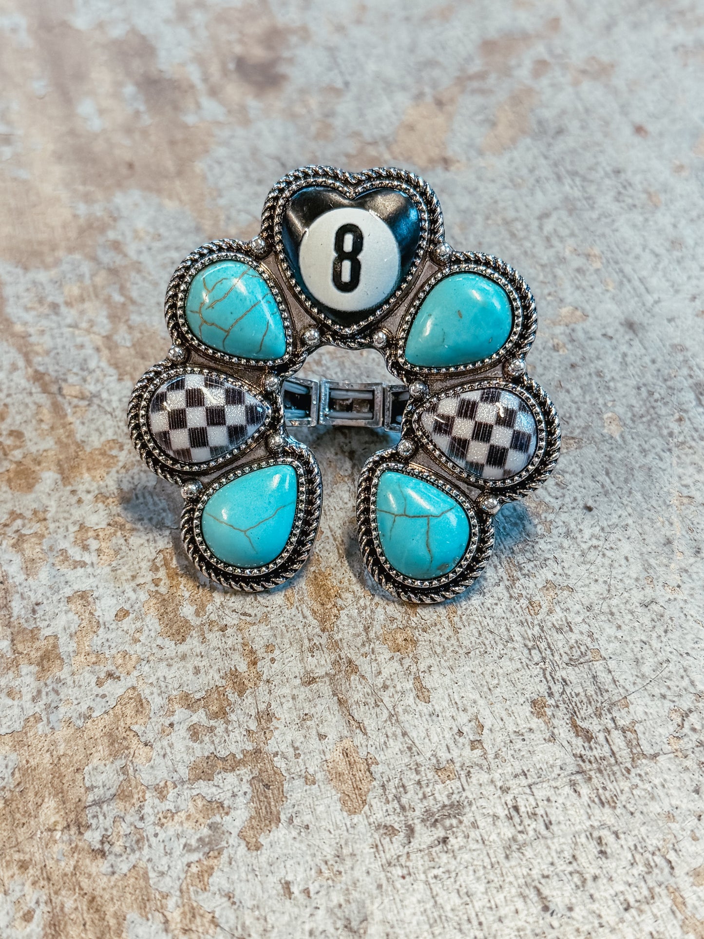 Turquoise & Checkered 8 Ball Flower Statement Ring – Adjustable Western Ring