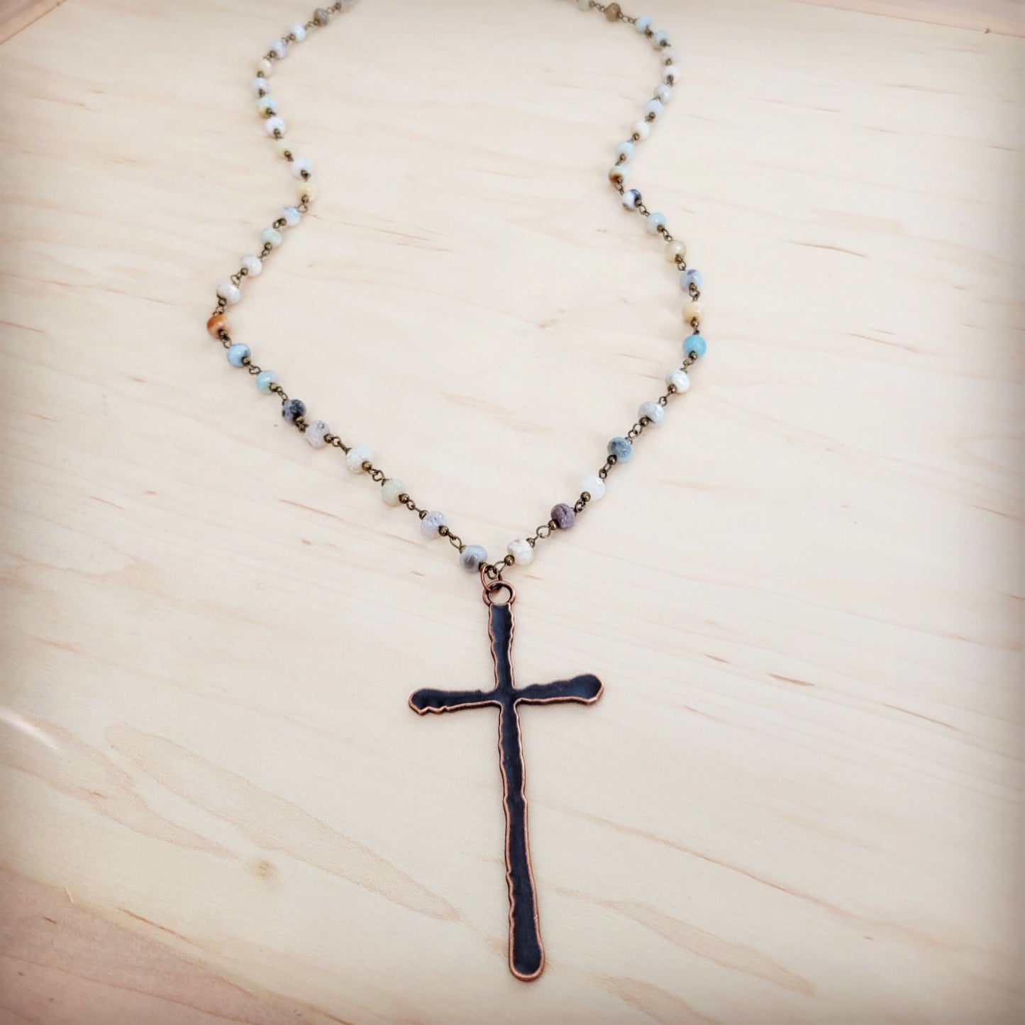 Genuine Amazonite Long Beaded Necklace with Antique Copper Cross 262x