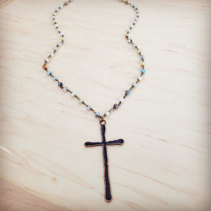 Genuine Amazonite Long Beaded Necklace with Antique Copper Cross 262x