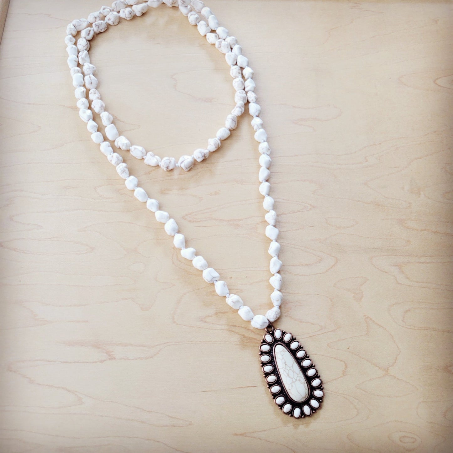 **Long Turquoise Beaded Necklace w/ Squash Blossom Pendant White 261ww