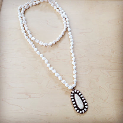 **Long Turquoise Beaded Necklace w/ Squash Blossom Pendant White 261ww