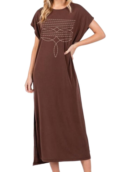 The Western Boot Stitch T-Shirt Dress in Brown