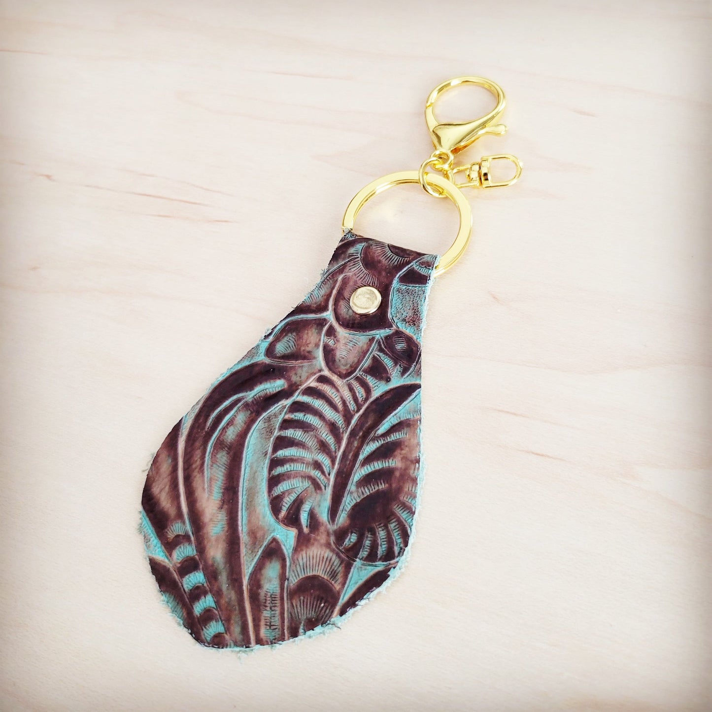 Embossed Leather Key Chain - Turquoise Brown Floral 700u