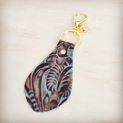Embossed Leather Key Chain - Turquoise Brown Floral 700u