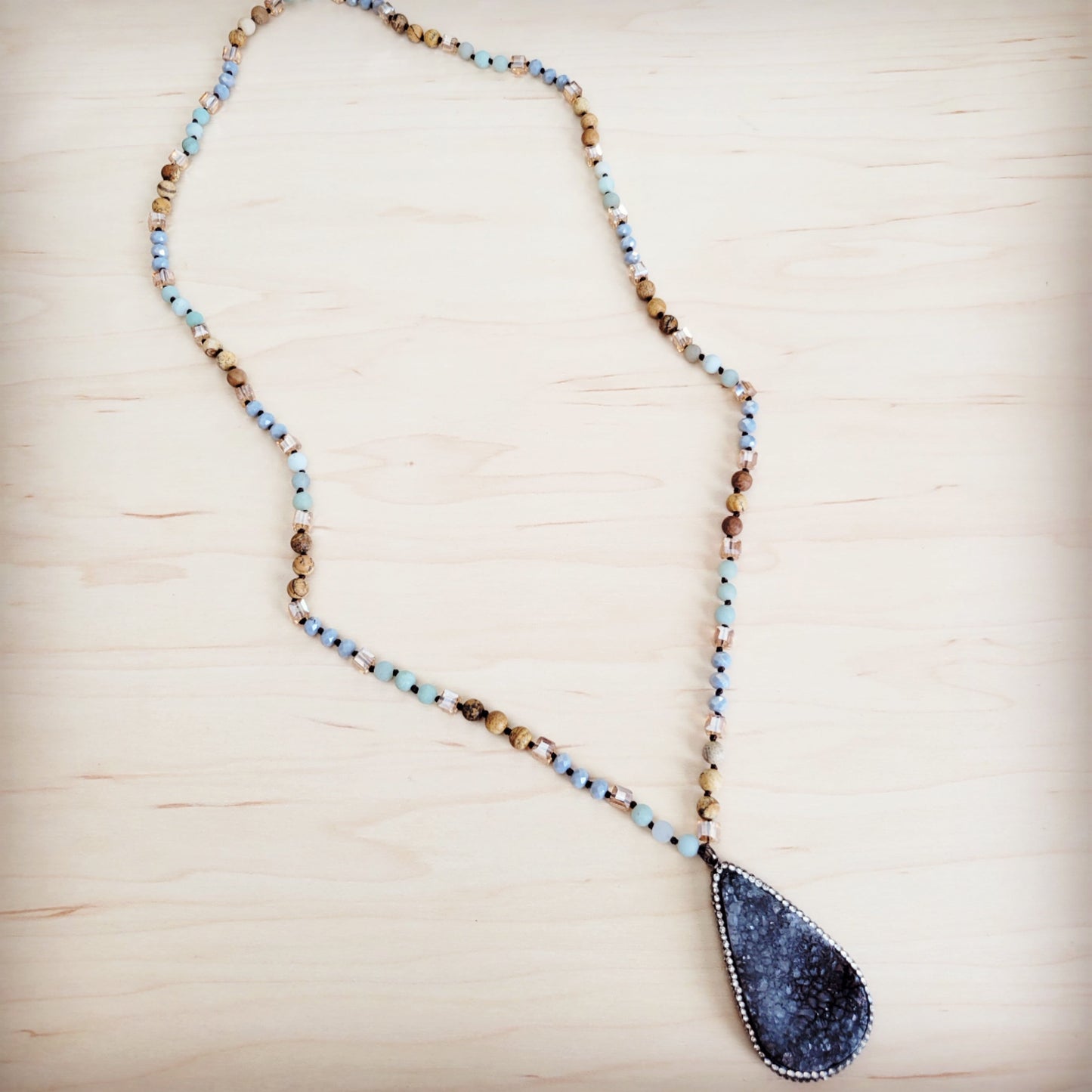 Amazonite & Crystal Long Beaded Necklace w/ Druzy Pendant 262u
