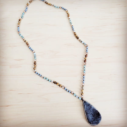 Amazonite & Crystal Long Beaded Necklace w/ Druzy Pendant 262u