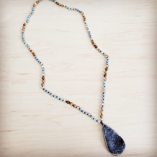 Amazonite & Crystal Long Beaded Necklace w/ Druzy Pendant 262u