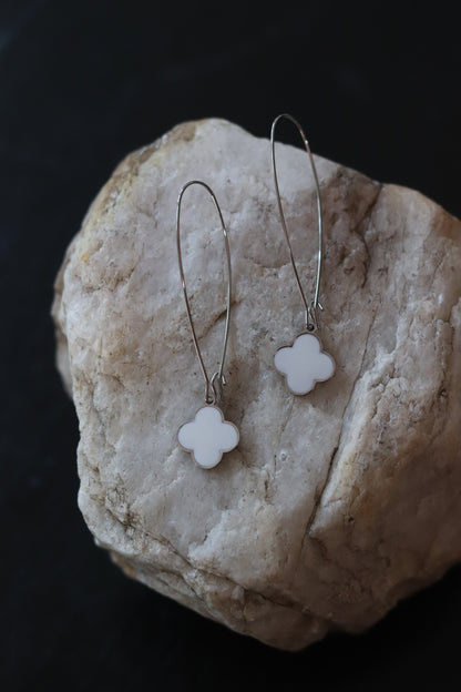 Silver and White Clover Dangle Earrings 