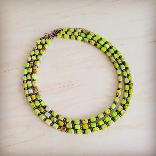 Triple Strand Layered Boho Lime Green Regalite Collar Necklace 264i