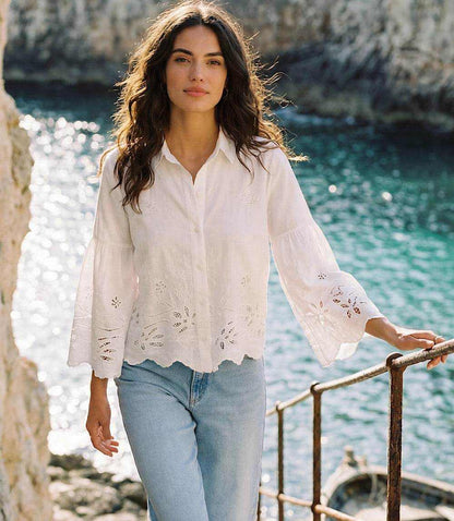 Embroidered Bell Sleeve Button Front Blouse