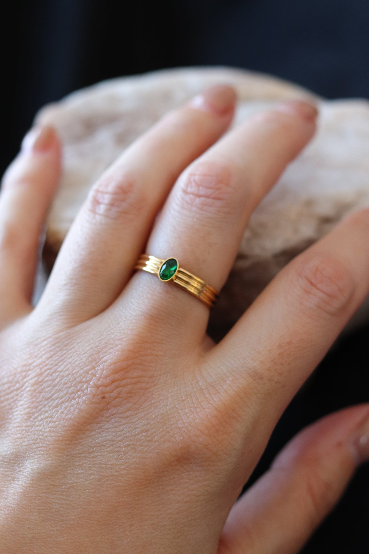 Waterproof Gold Emerald CZ Ring – 18K Gold Plated Tarnish-Resistant Stacking Band