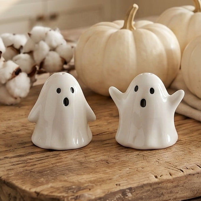 Set of 2 Ceramic Ghost Salt and Pepper Shakers for Halloween