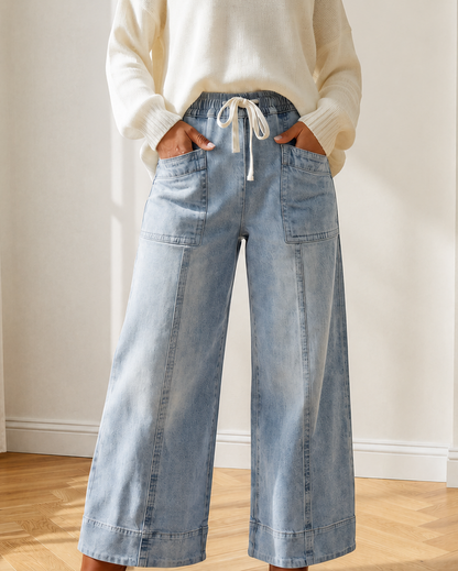 Ruby Drawstring Waist Wide Leg Ankle Length Jeans