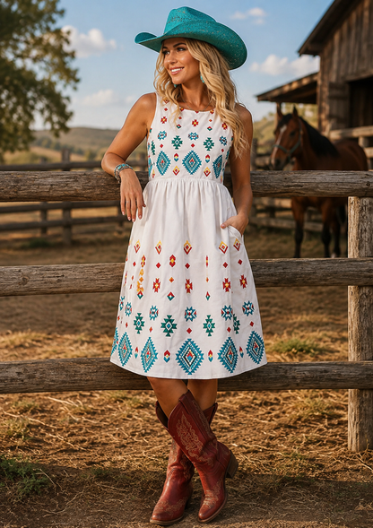 Stetson Bright Schiffli (White) - Women's Sleeveless Cotton Lawn Dress