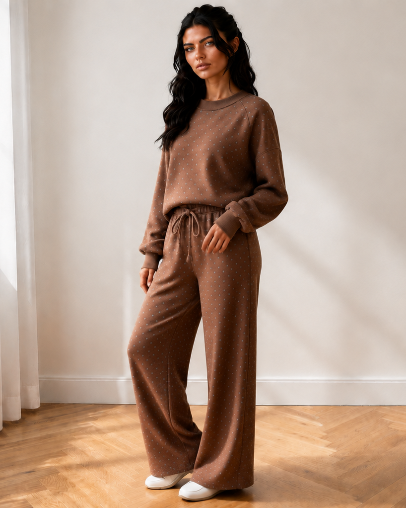 Jane Polka Dot Drawstring Wide Leg Long Sleeve Top Pant Set