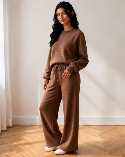 Jane Polka Dot Drawstring Wide Leg Long Sleeve Top Pant Set