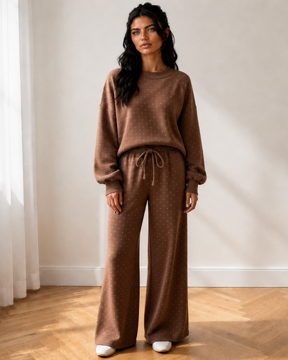 Jane Polka Dot Drawstring Wide Leg Long Sleeve Top Pant Set