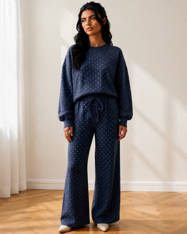 Jane Polka Dot Drawstring Wide Leg Long Sleeve Top Pant Set