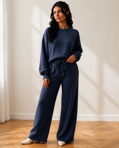 Jane Polka Dot Drawstring Wide Leg Long Sleeve Top Pant Set