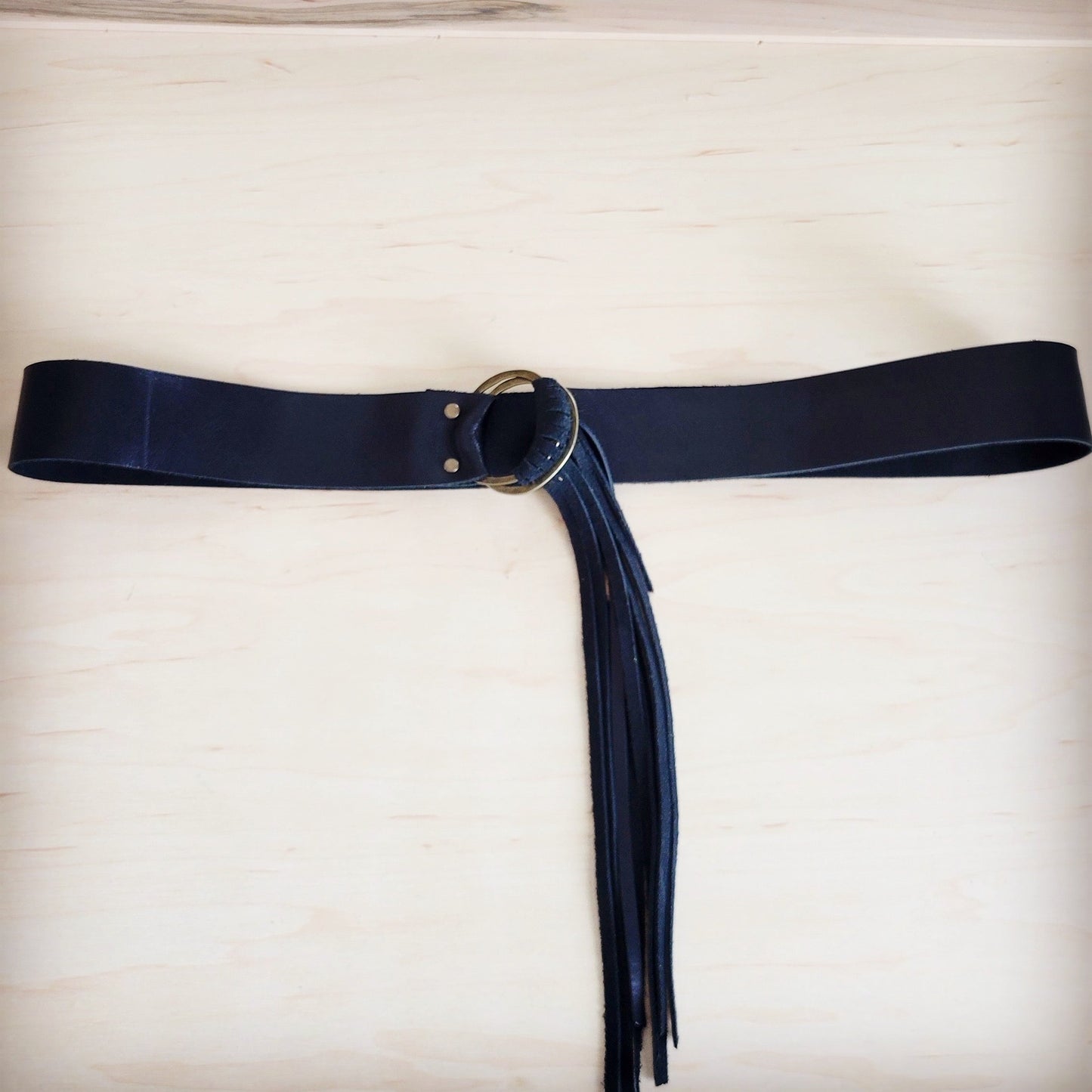Black Leather Belt with Leather Fringe Closure 908v