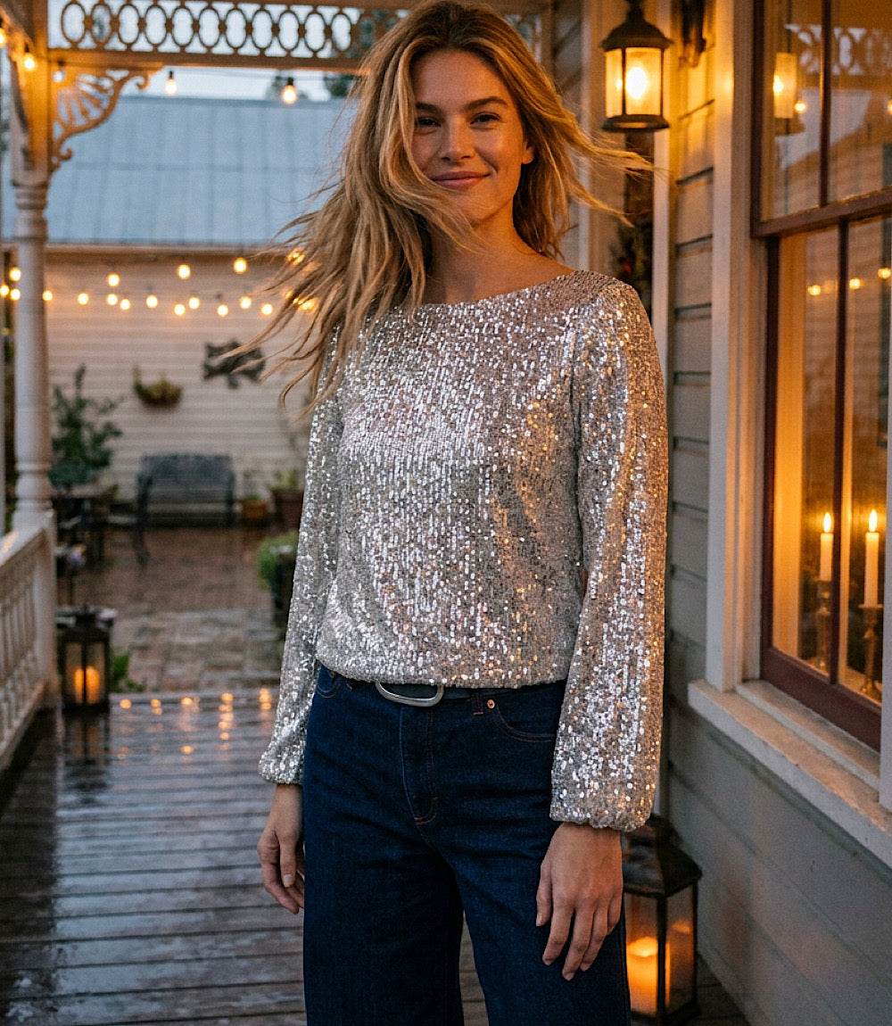 Petite Size Sequin Blouson Sleeve Boatneck Top