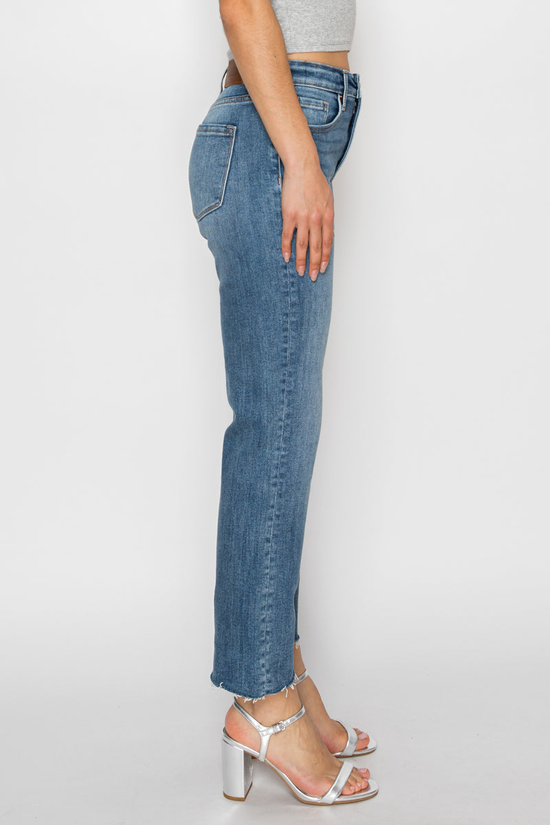 Mesh Tummy Control High Rise Straight with Single Cuff Jeans
