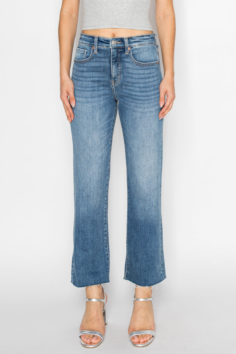 Mesh Tummy Control High Rise Straight with Single Cuff Jeans