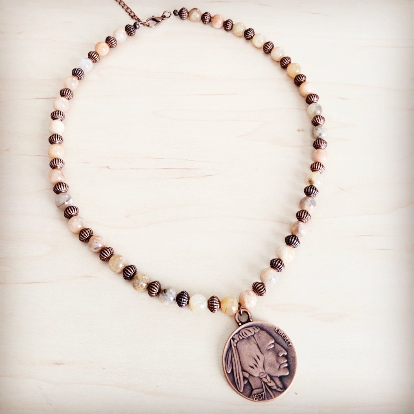 Natural Agate Beaded Collar Necklace w/ Indian Head Pendant 262m